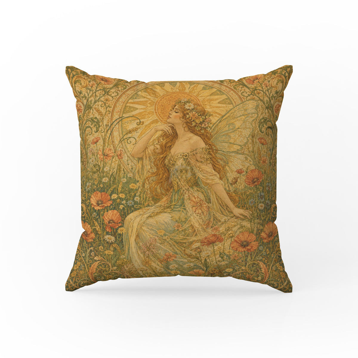 Sunlit Meadow Fairy – Art Nouveau Pillow