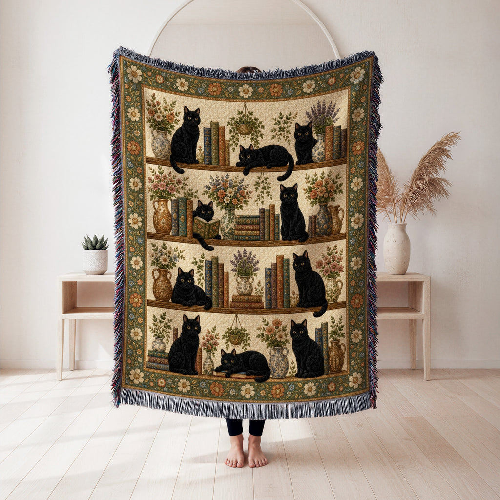 Black Cat Botanical Library Blanket