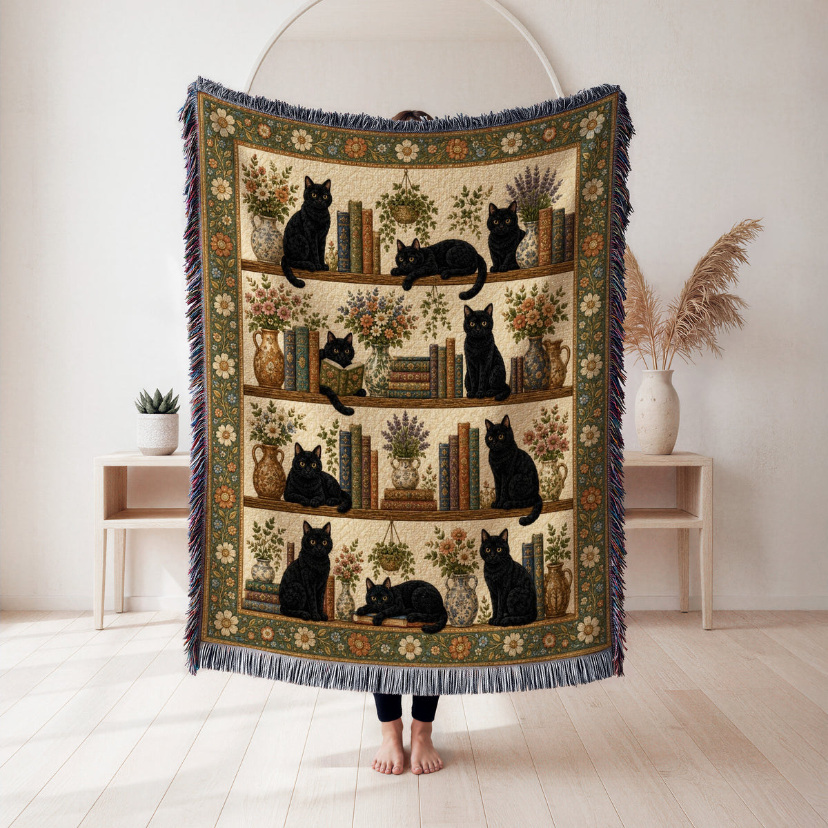Black Cat Botanical Library Blanket
