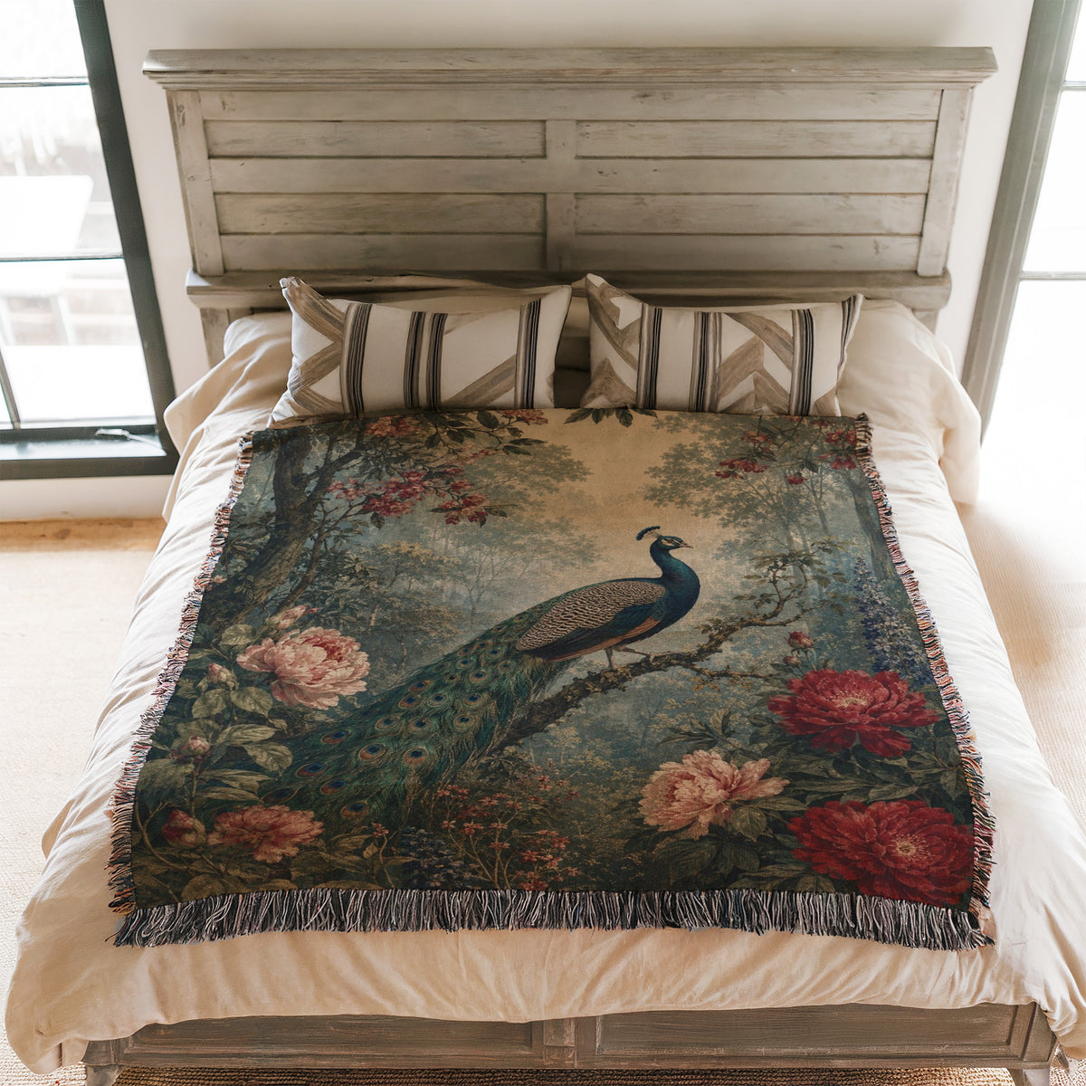 Crimson Peony Peacock Blanket