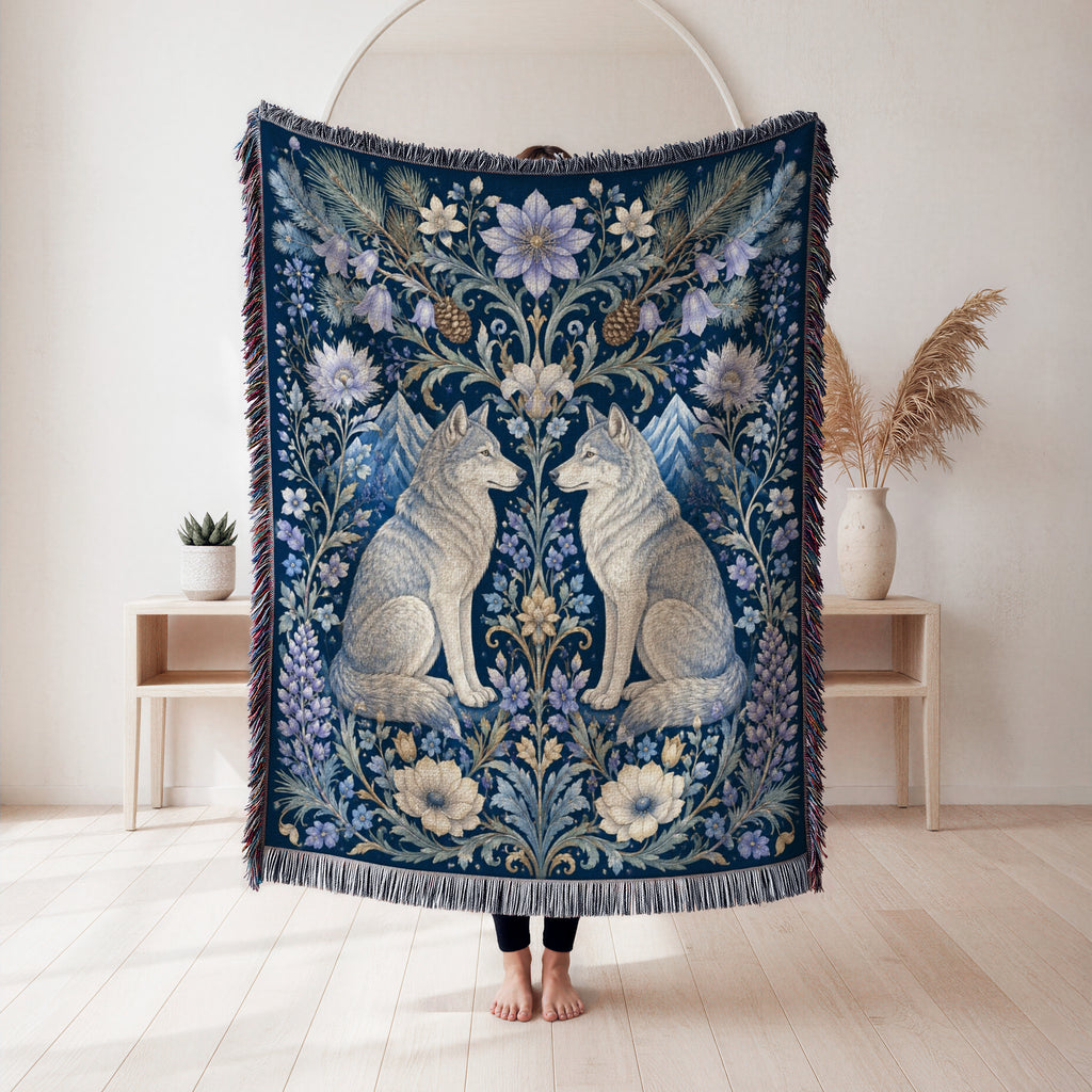 Moonlit Wolf Floral Blanket