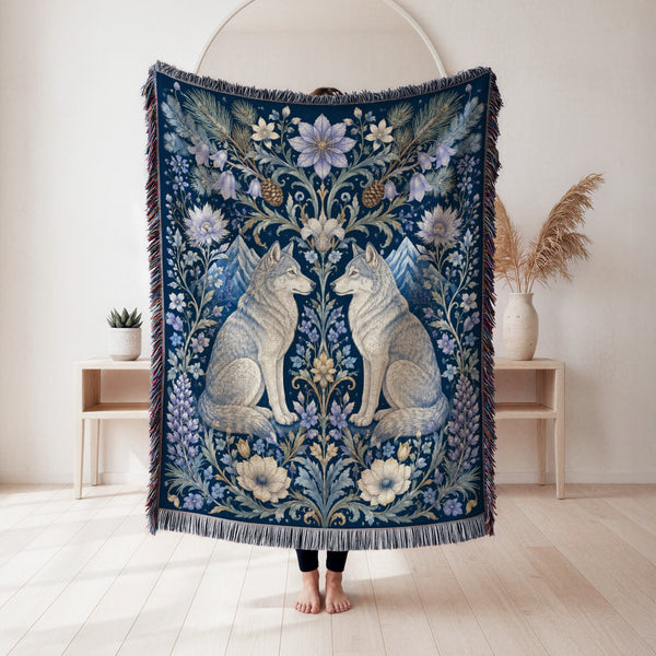 Moonlit Wolf Floral Blanket