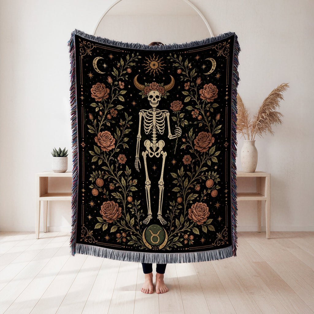 Taurus Roses & Horns – Gothic Skeleton Zodiac Blanket