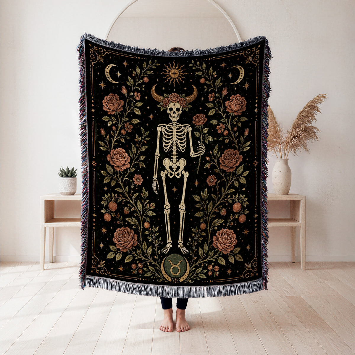Taurus Roses & Horns – Gothic Skeleton Zodiac Blanket