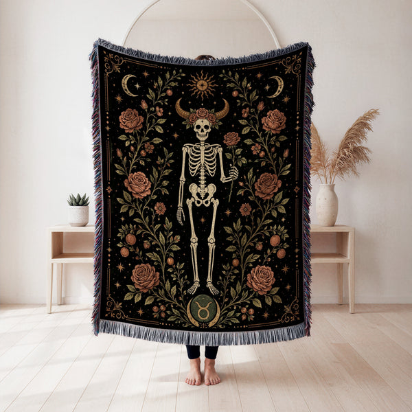 Taurus Roses & Horns – Gothic Skeleton Zodiac Blanket