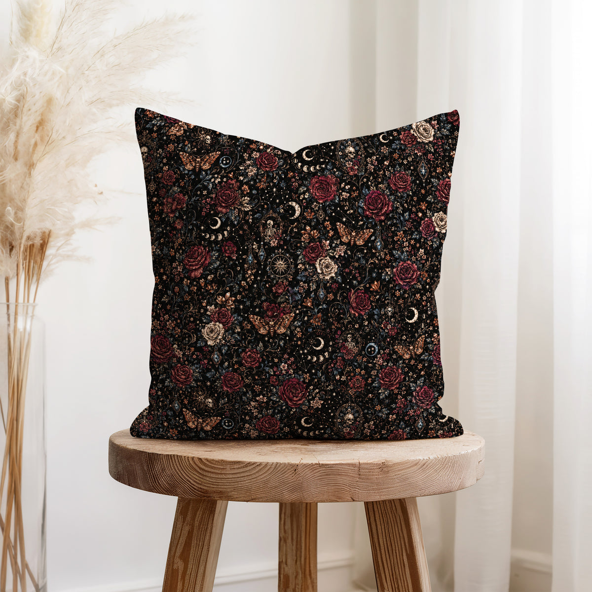 Crimson Nocturne – Gothic Rose & Moon Pillow
