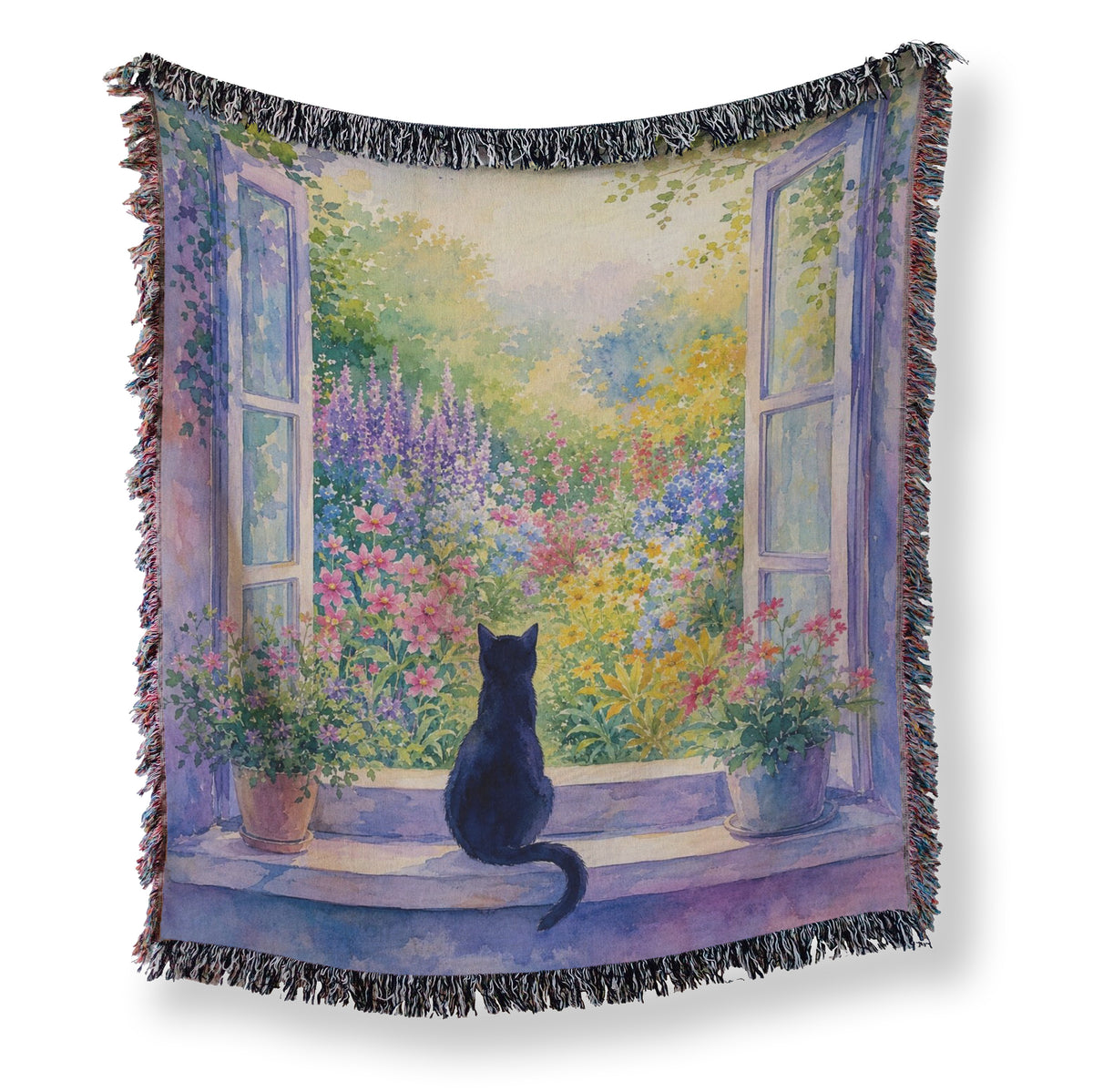 Morning Garden Window Black Cat Blanket