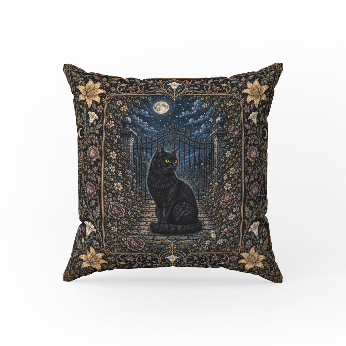 The Midnight Gatekeeper – Black Cat Gothic Pillow