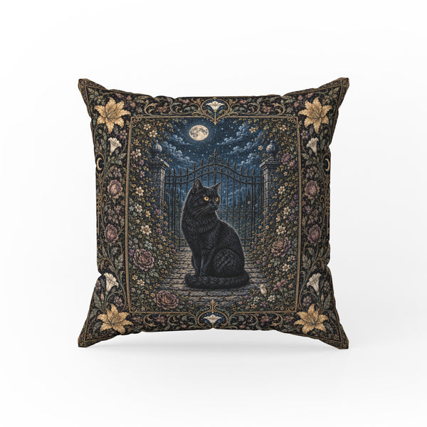 The Midnight Gatekeeper – Black Cat Gothic Pillow