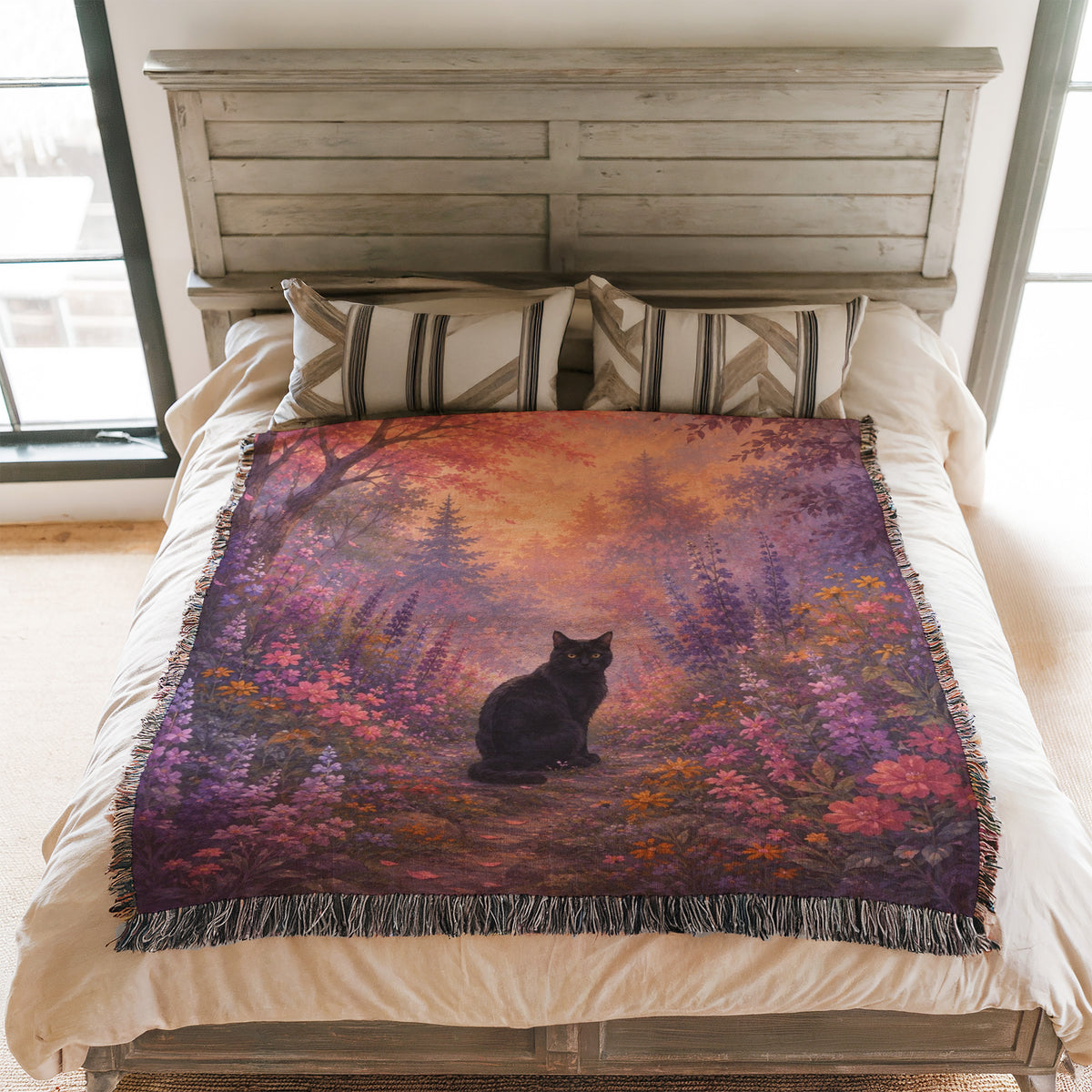 Twilight Bloom Black Cat Blanket