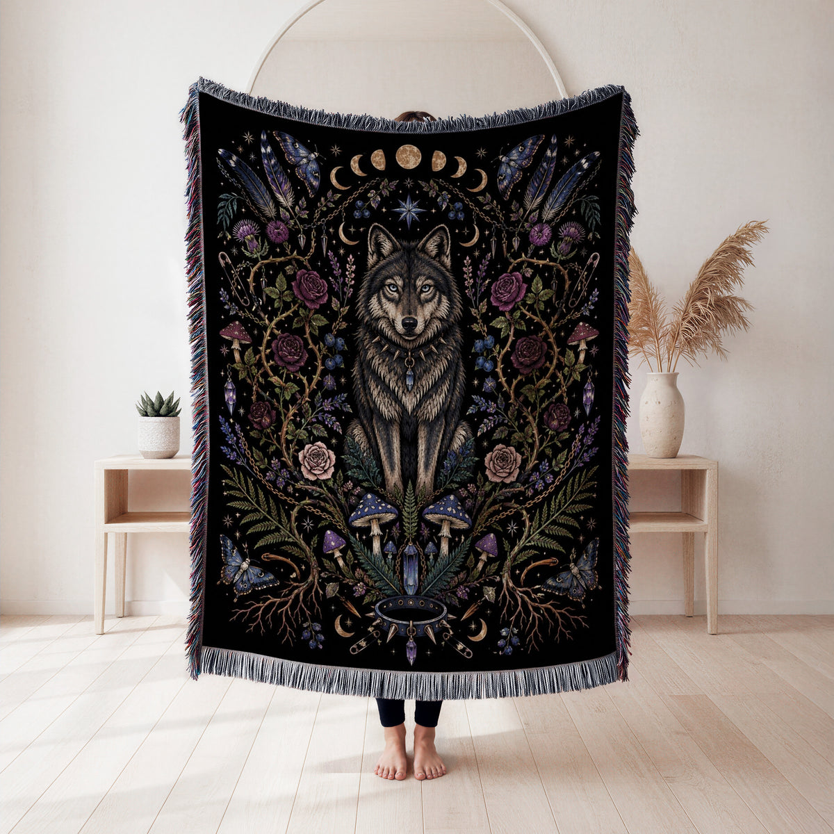 Moon Phase Wolf Blanket