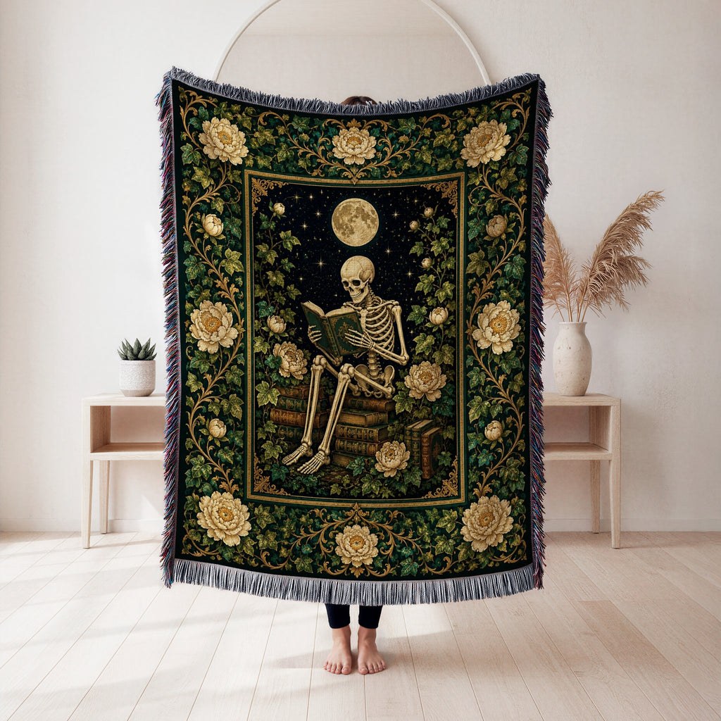 Moonlit Ivory Rose Skeleton Reader Blanket