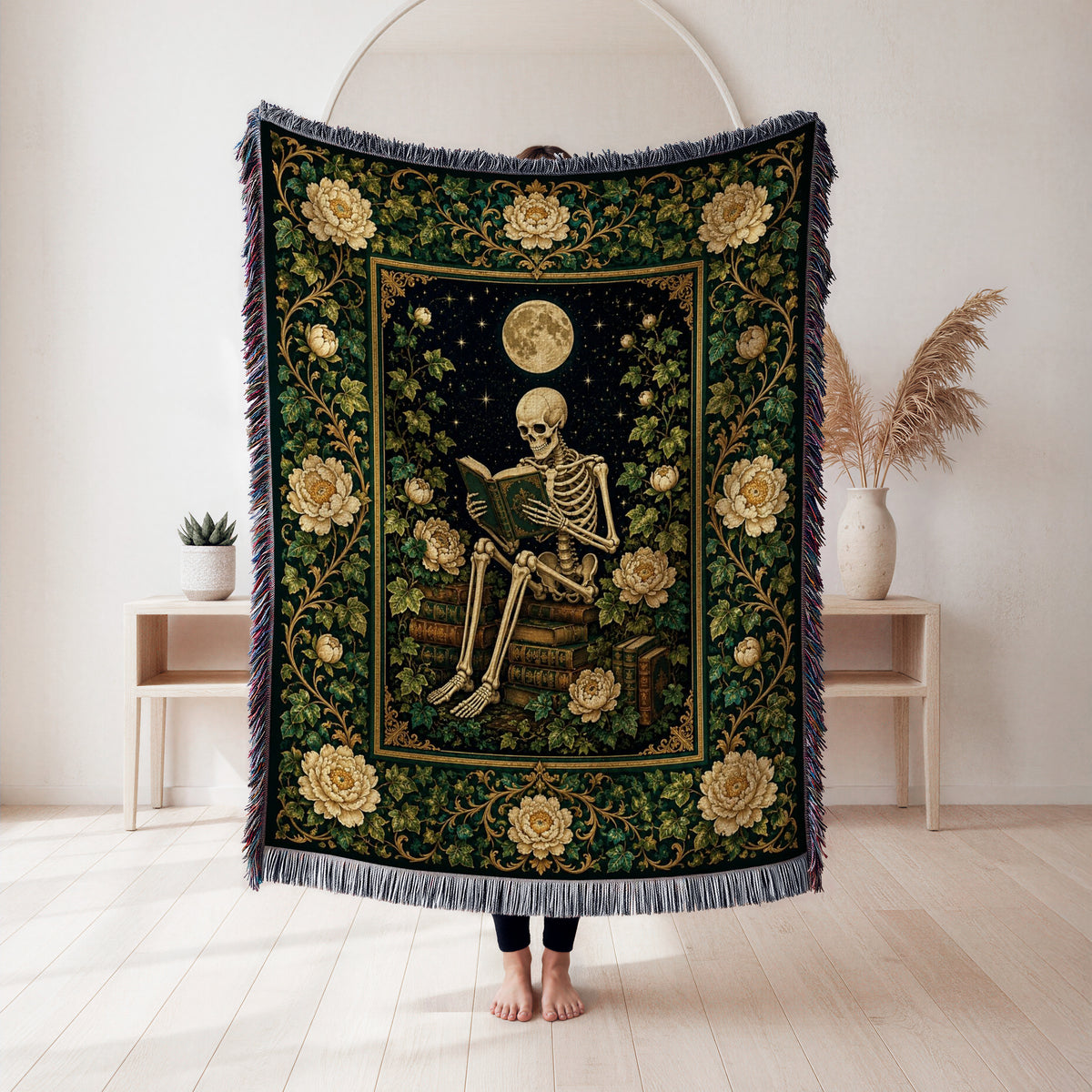 Moonlit Ivory Rose Skeleton Reader Blanket