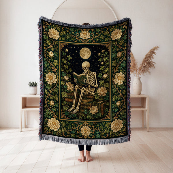 Moonlit Ivory Rose Skeleton Reader Blanket