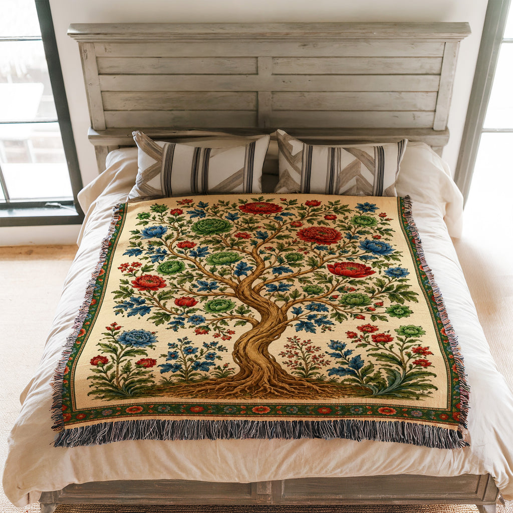 Verdant Bloom Tree Woven Blanket