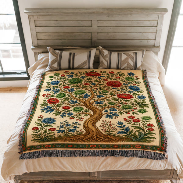 Verdant Bloom Tree Woven Blanket