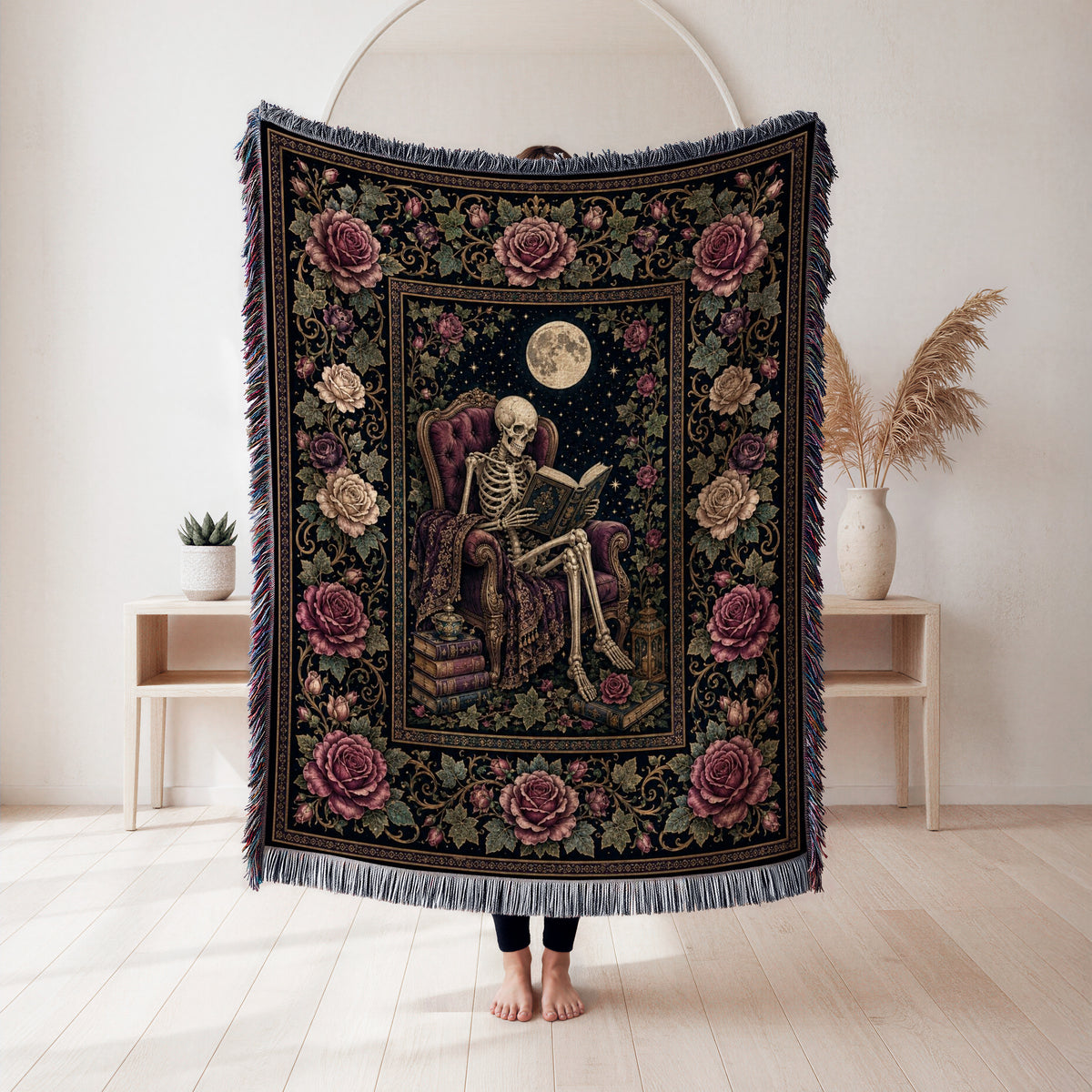 Moonlit Rose Skeleton Reader Blanket