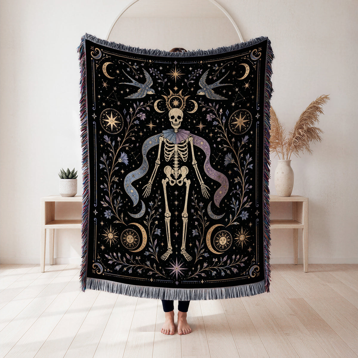 Gemini Twin Swallows – Gothic Skeleton Zodiac Blanket