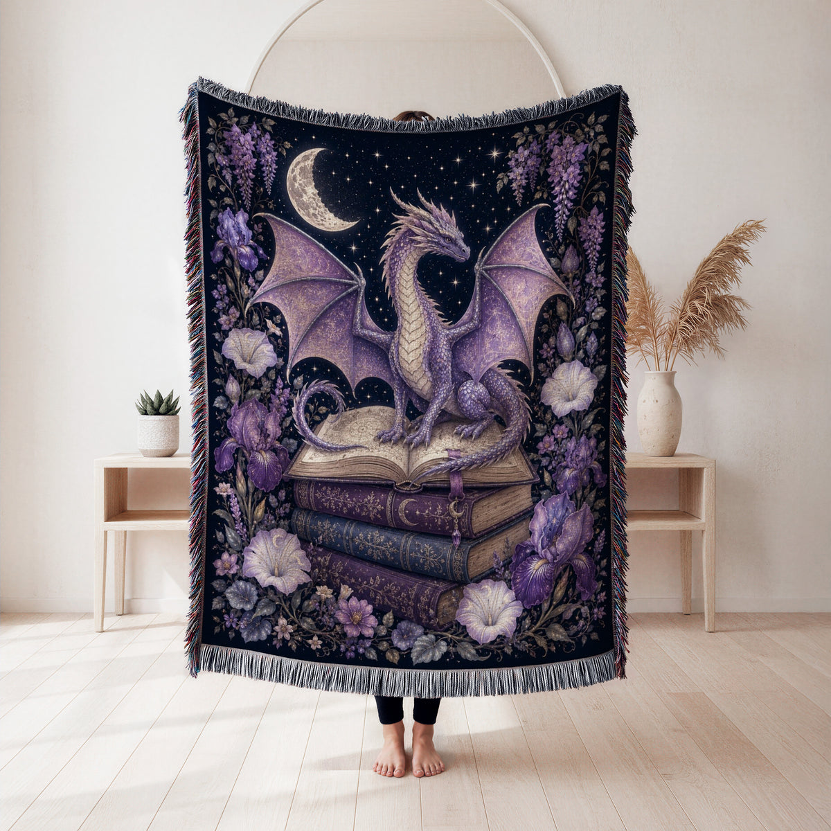 Lavender Crescent Dragon & Books Blanket