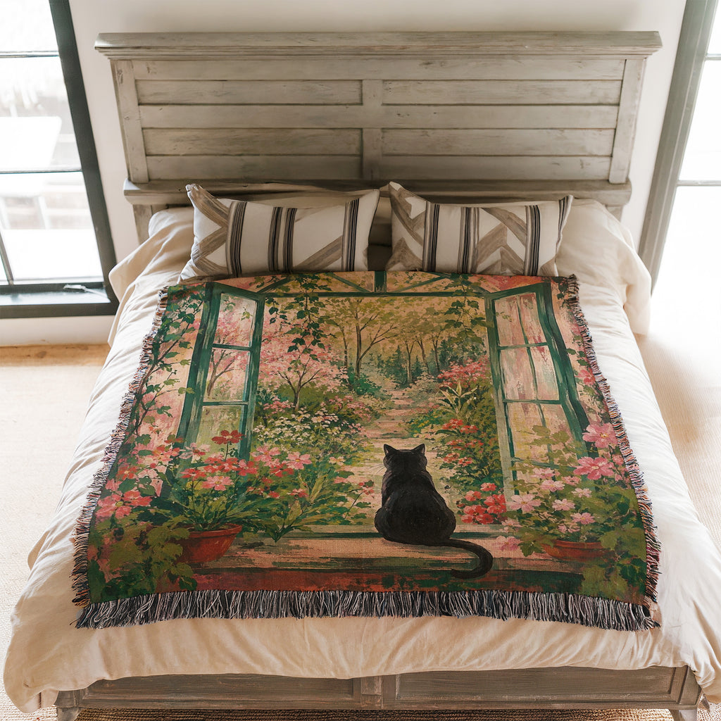 Secret Garden Window Black Cat Blanket
