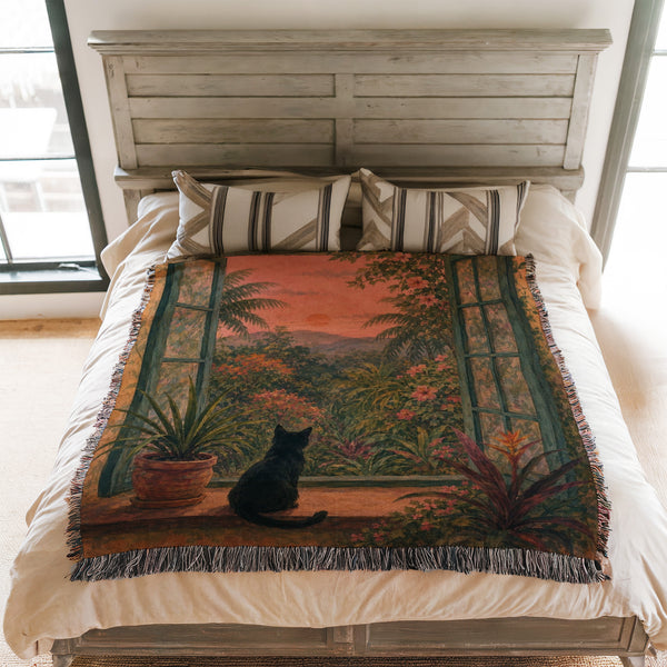 Sunset Garden Window Black Cat Blanket