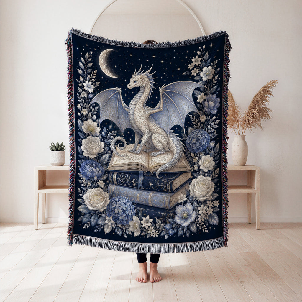 Silver Moon Dragon & Books Blanket