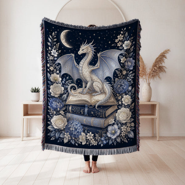 Silver Moon Dragon & Books Blanket