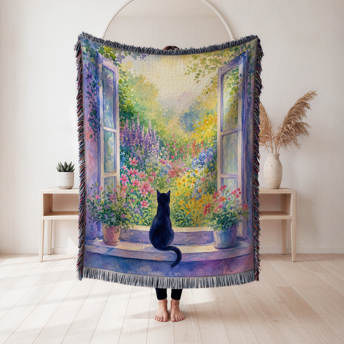 Morning Garden Window Black Cat Blanket