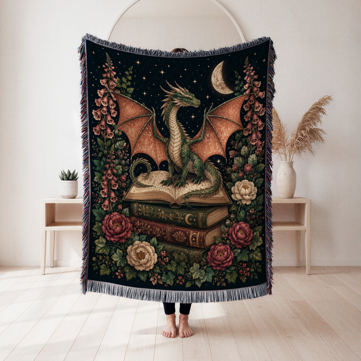 Woodland Crescent Dragon & Books Blanket