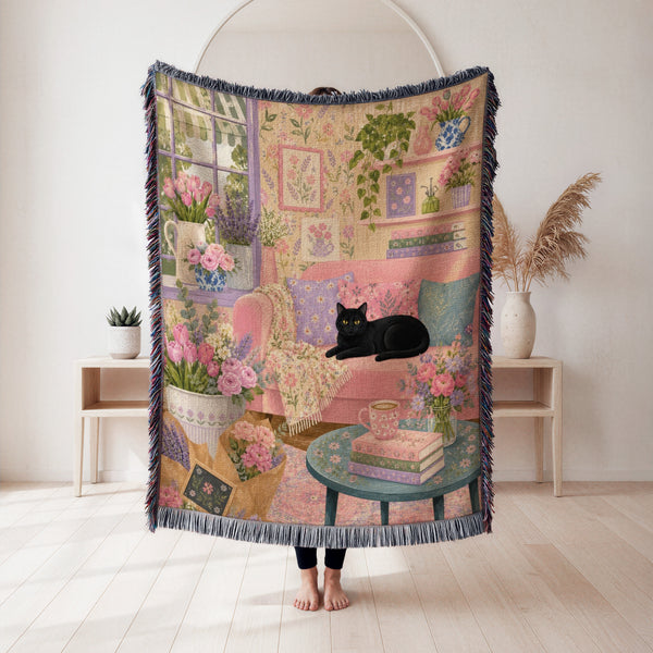 Pink Cottage Black Cat Blanket