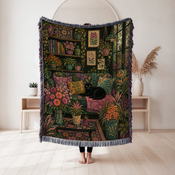 Dark Botanical Black Cat Blanket