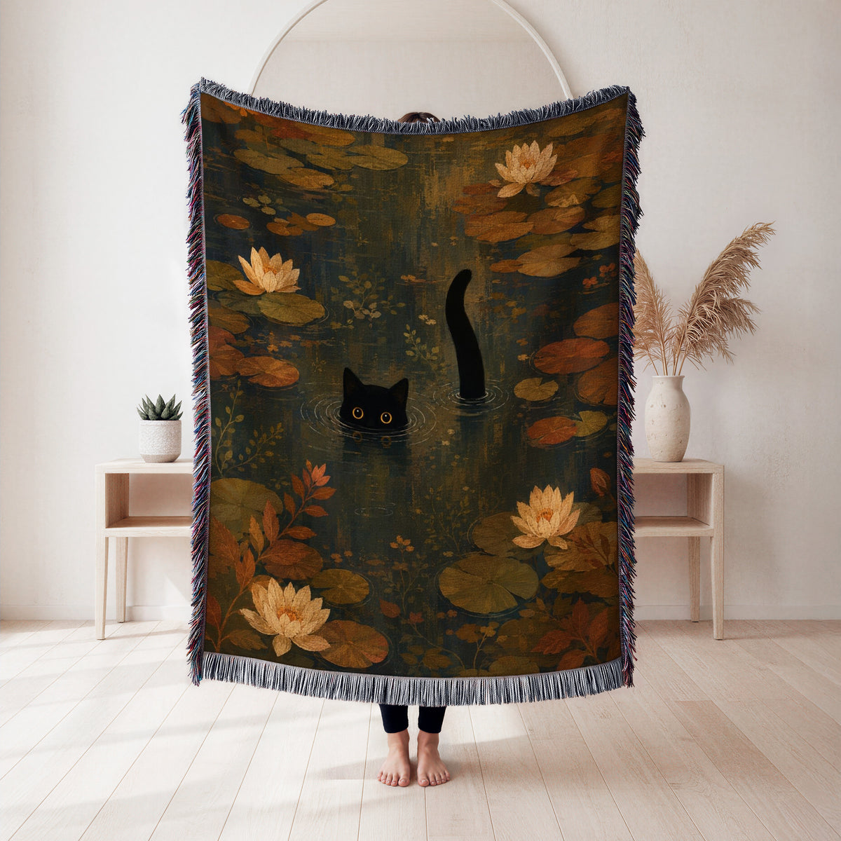 Autumn Lily Pond Black Cat Blanket