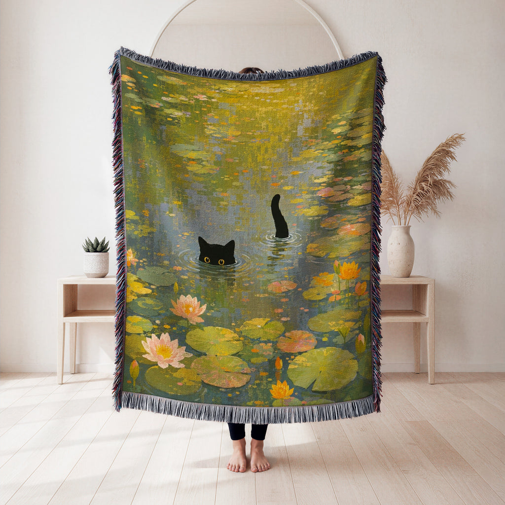 Sunlit Lily Pond Black Cat Blanket