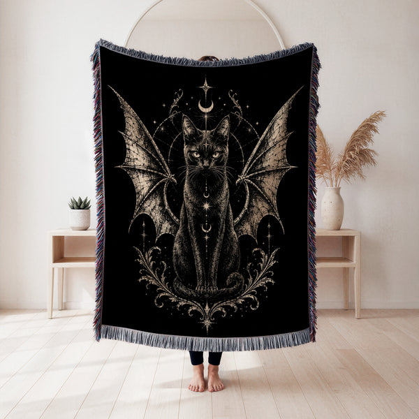 Winged Black Cat Celestial Blanket