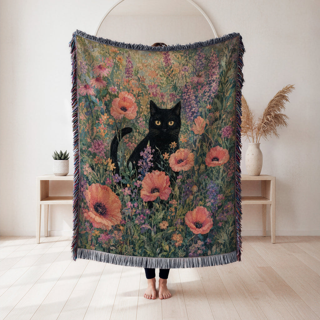 Poppy Meadow Black Cat Blanket
