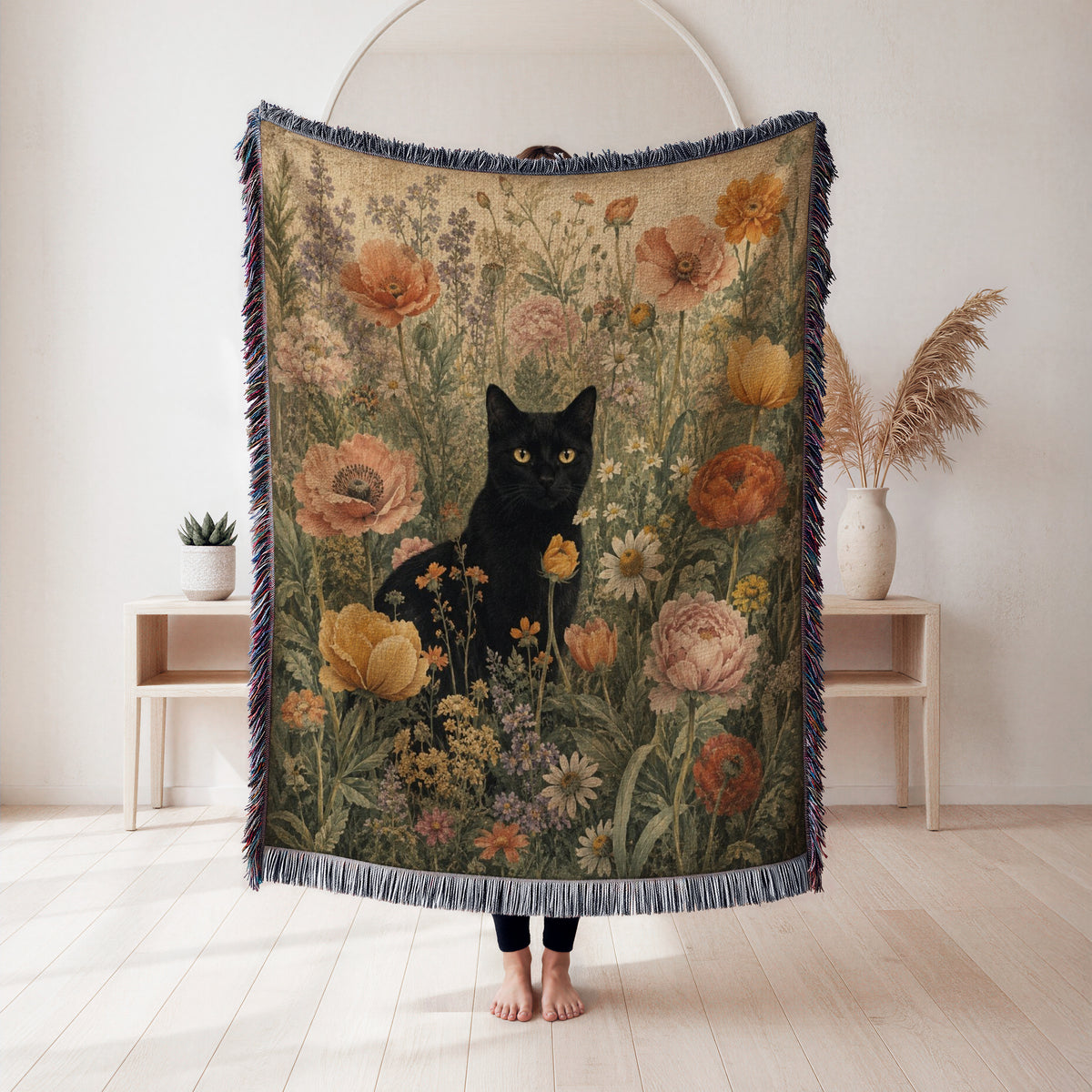 Vintage Poppy Garden Black Cat Blanket