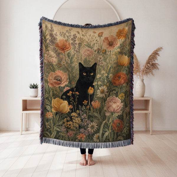 Vintage Poppy Garden Black Cat Blanket