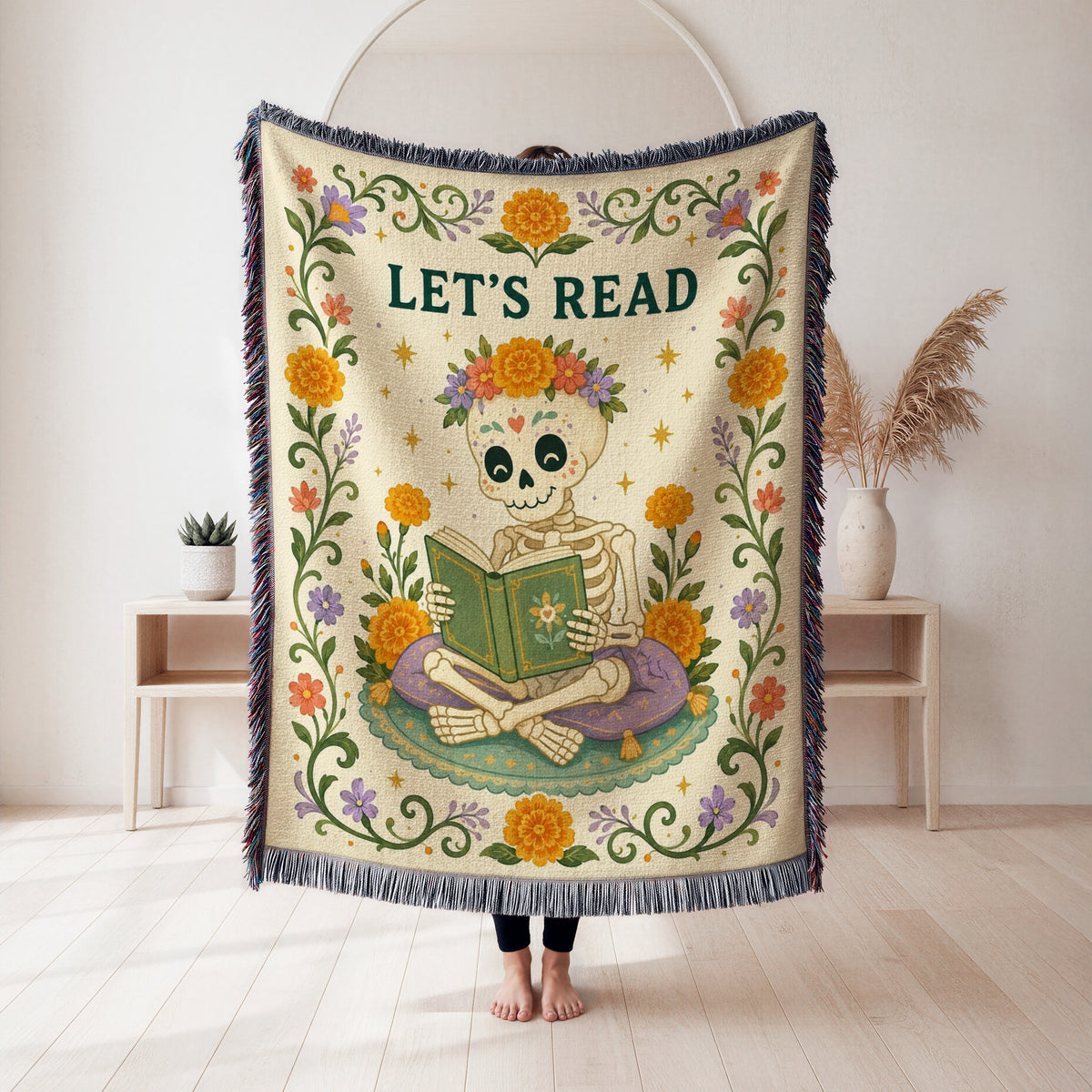 Let's Read Floral Skeleton Blanket