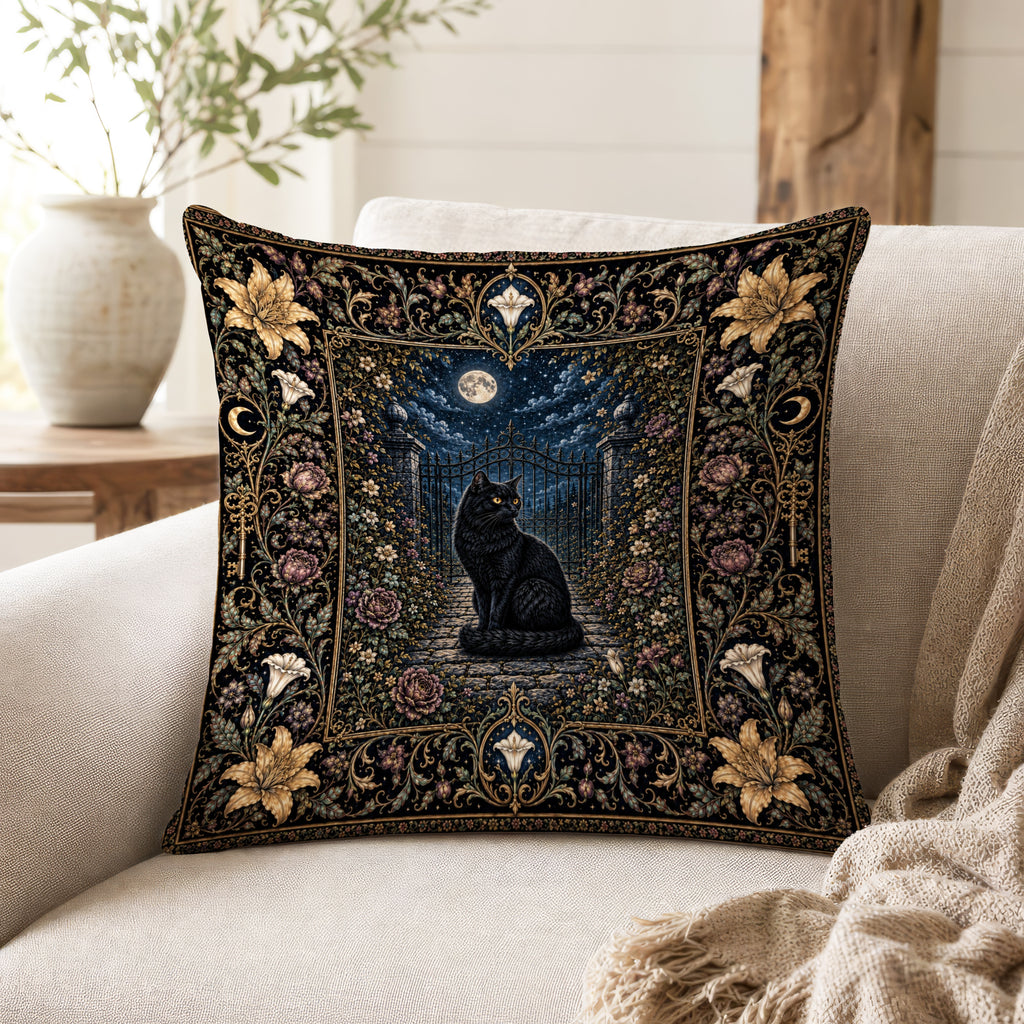 The Midnight Gatekeeper – Black Cat Gothic Pillow