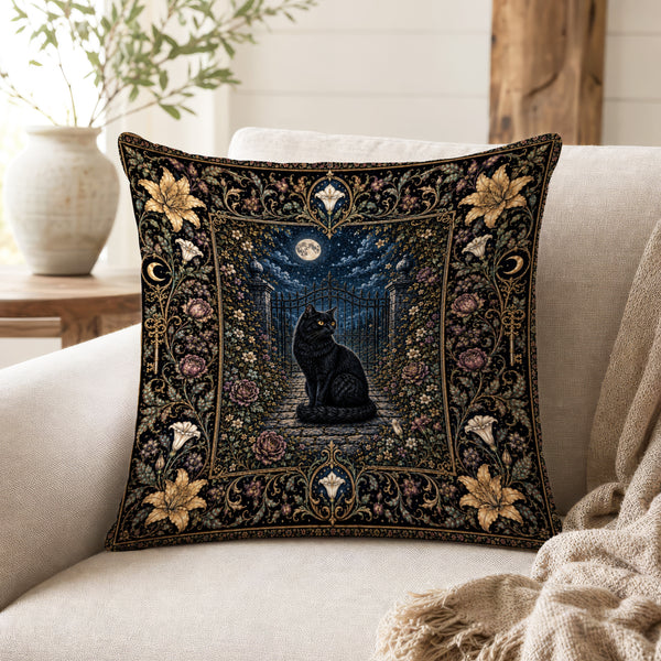 The Midnight Gatekeeper – Black Cat Gothic Pillow