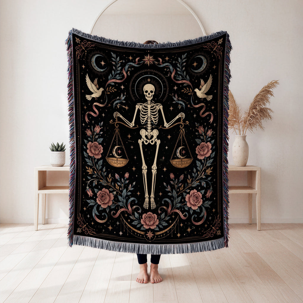 Libra Scales & Roses – Gothic Skeleton Zodiac Blanket