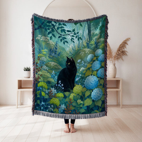 Blue Hydrangea Forest Black Cat Blanket
