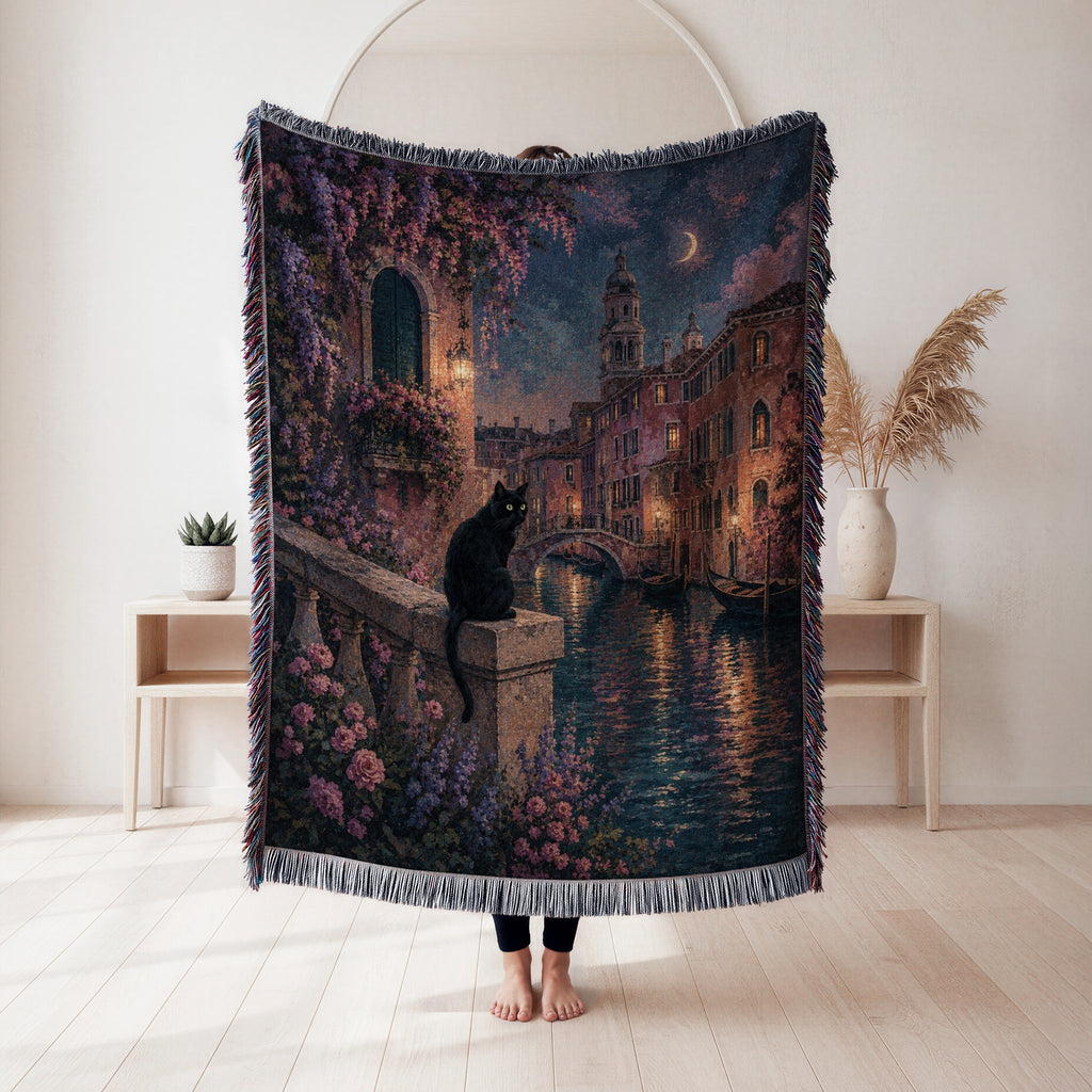 Moonlit Venice Black Cat Blanket