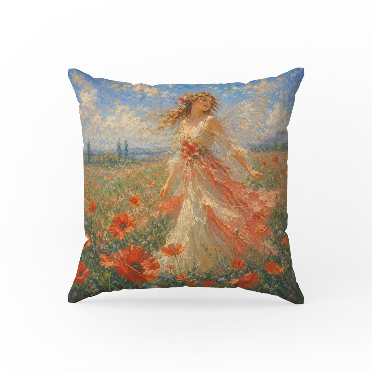 Poppy Meadow Fairy – Impressionist Floral Pillow Main image