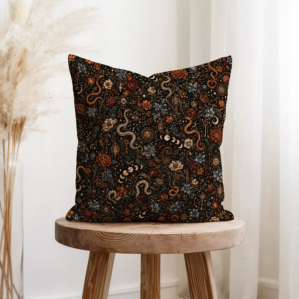 Serpent & Moon Garden – Gothic Botanical Pillow