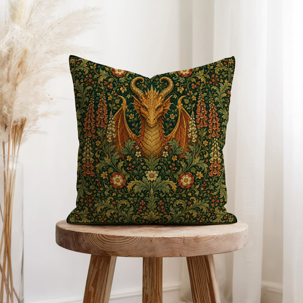 The Horned Wyrm – Medieval Dragon Floral Pillow
