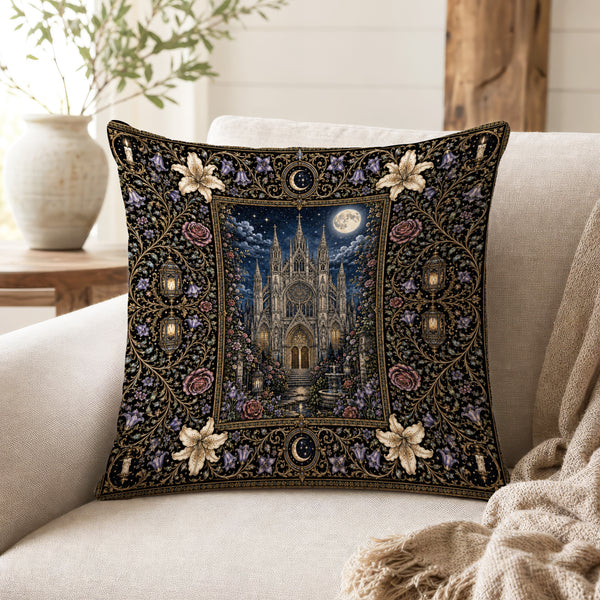 Cathedral Under Moonlight – Gothic Floral Pillow