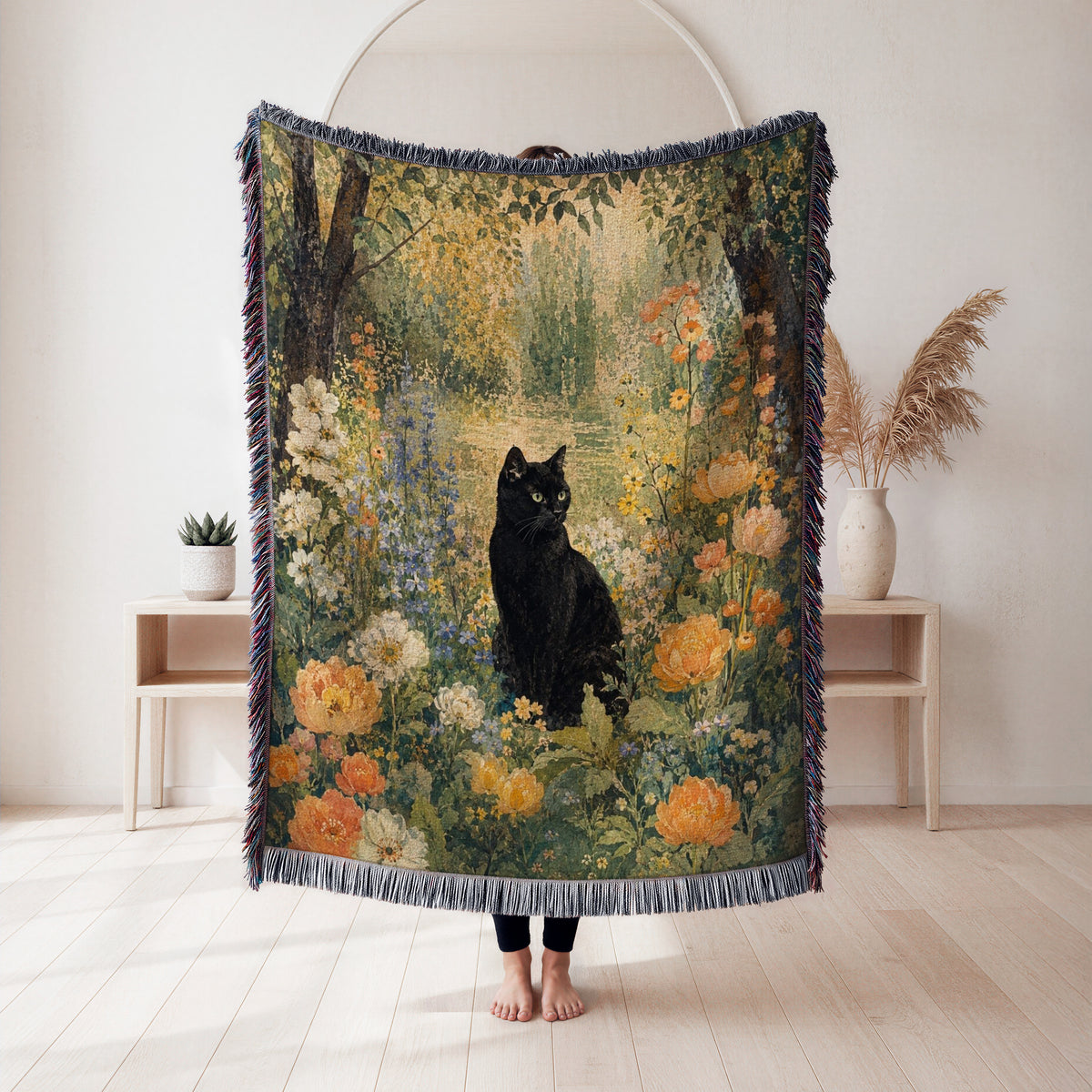 Golden Woodland Black Cat Blanket
