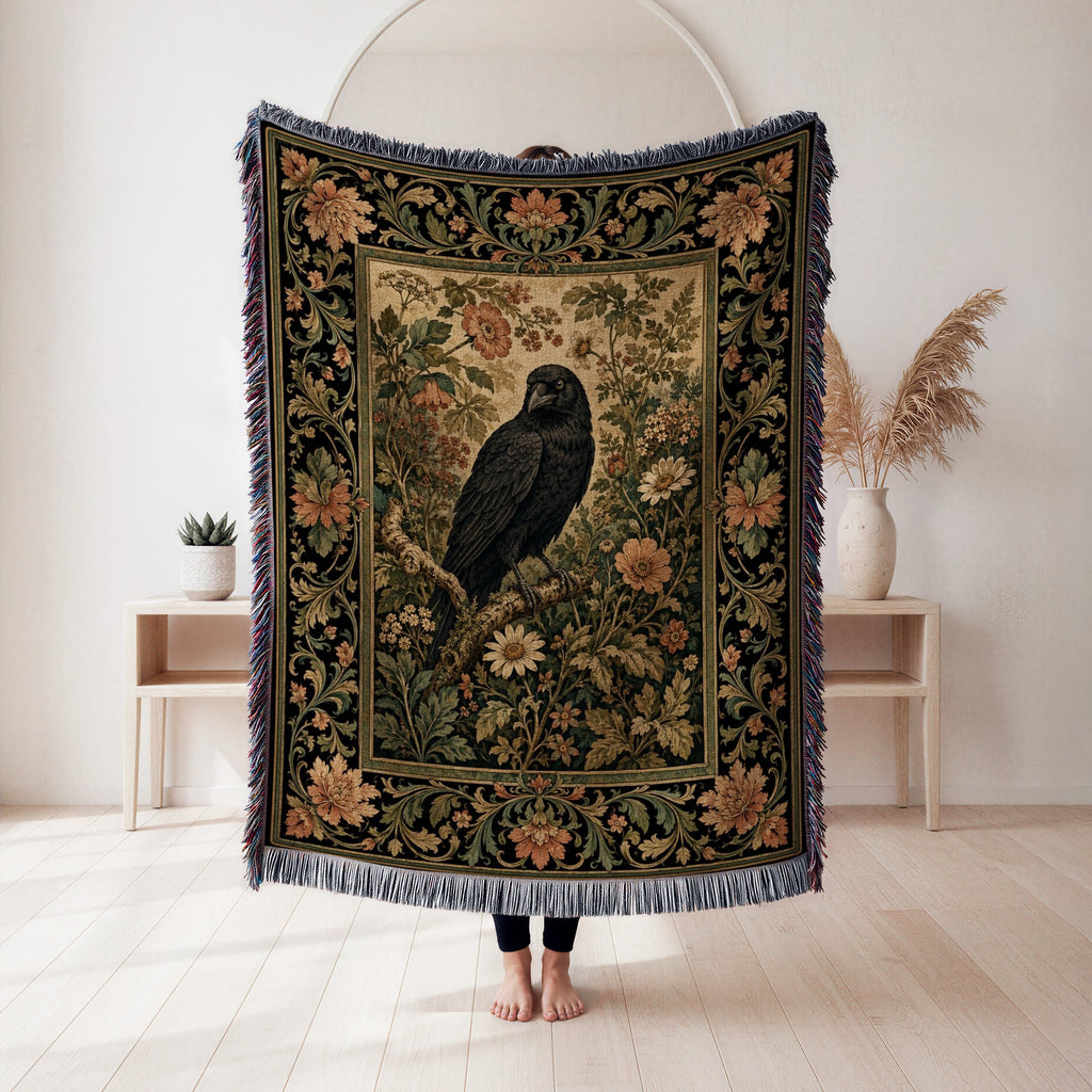 Vintage Raven Floral Tapestry Blanket
