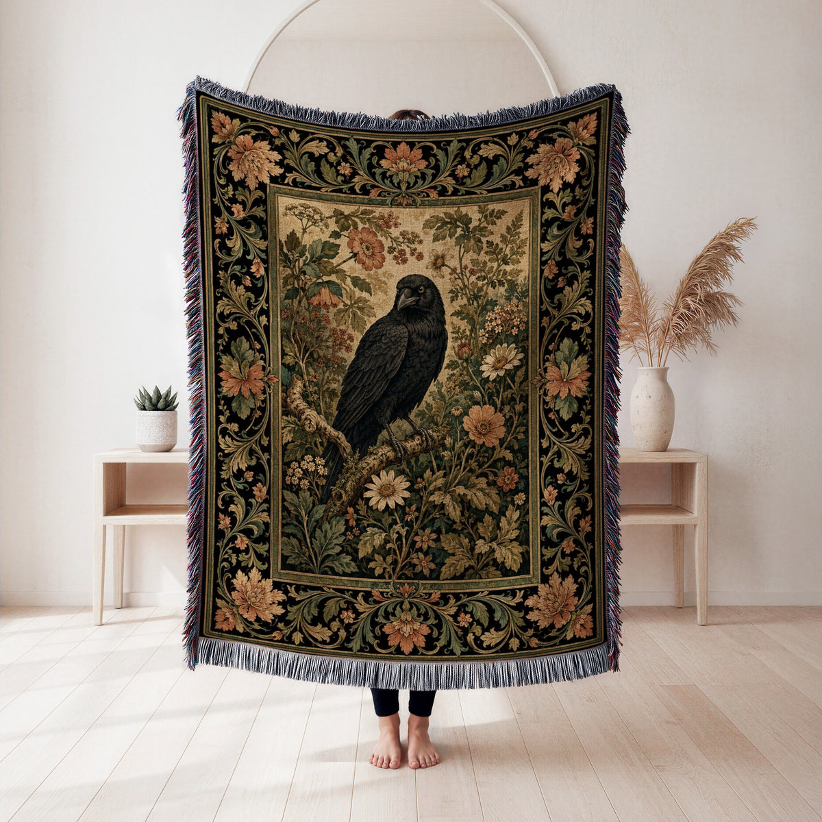 Vintage Raven Floral Tapestry Blanket